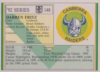 1992 Regina NSW Rugby League #148 Darren Fritz Back
